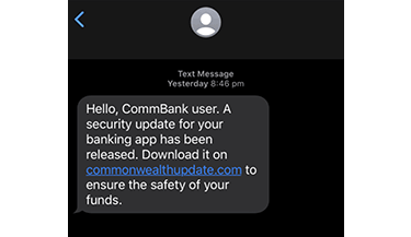 Scam example: SMS prompts the customer to click and download the security update for the banking app.
