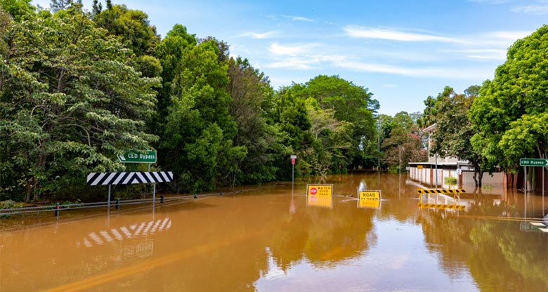 Floodwaters in an Australian town