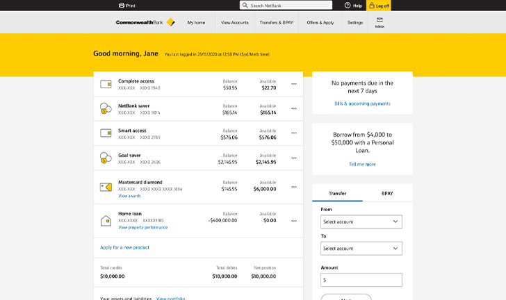 View of NetBank home screen dashboard view displaying balance for each account