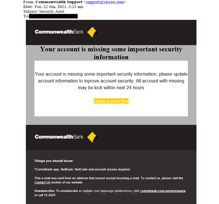 Screenshot of 'Security Alert' phishing message