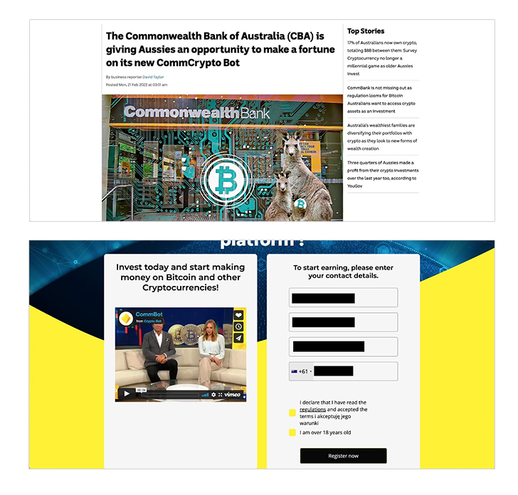 Scam page examples: CommBank Crypto