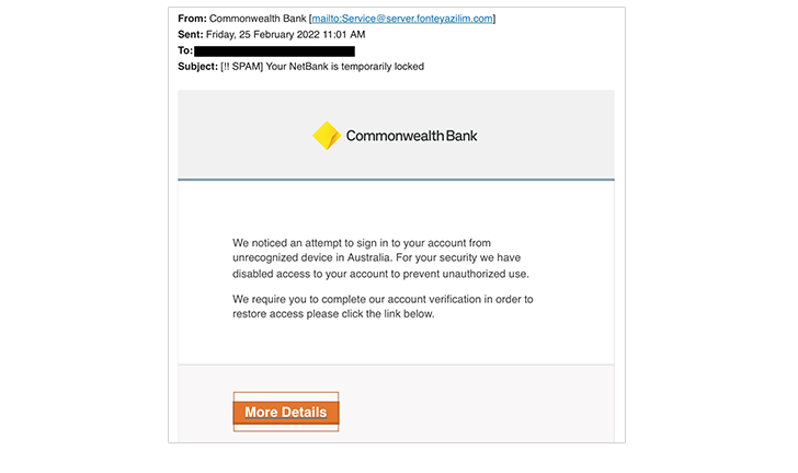 Scam: "your NetBank is temporarily locked. We noticed an attempt to sign in to your account from unrecognized device..."