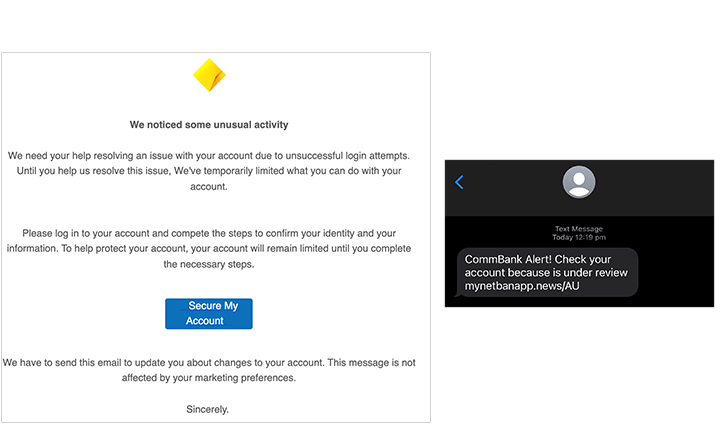 Scam: "CommBank Alert! Check your account because is under review"