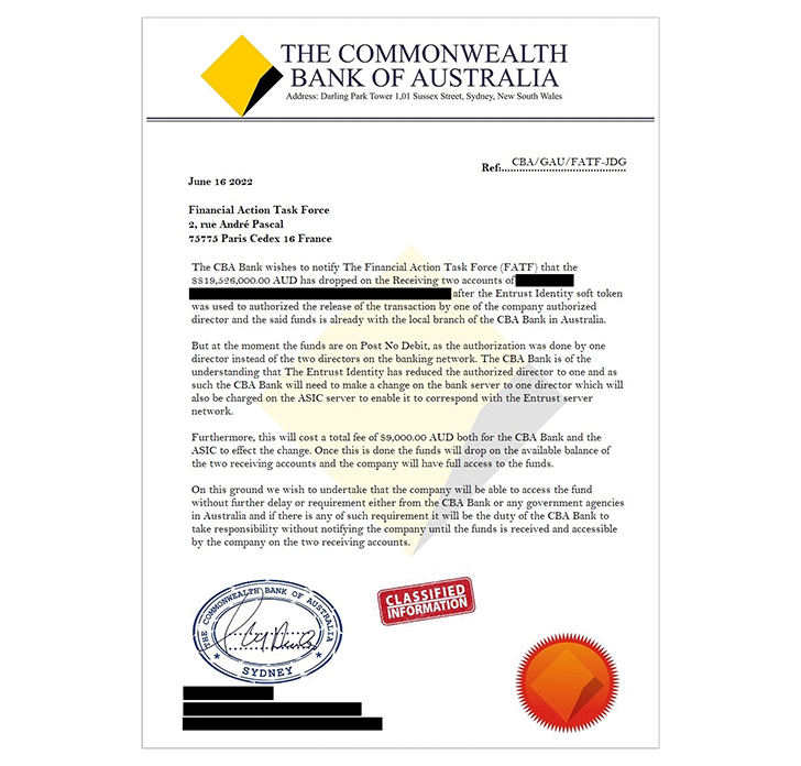 Scam letter: "Financial Action Task Force. (FATF)"