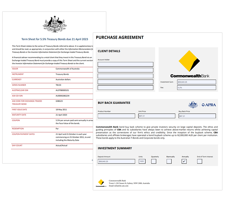 Scam examples: purchase agreements and term sheets for treasury bonds