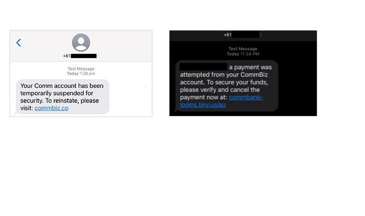 Scam examples: "A payment was attempted from your CommBiz account", and "Your Comm account has been temporarily suspended"