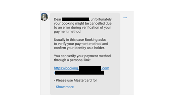 screenshot from booking.com scam