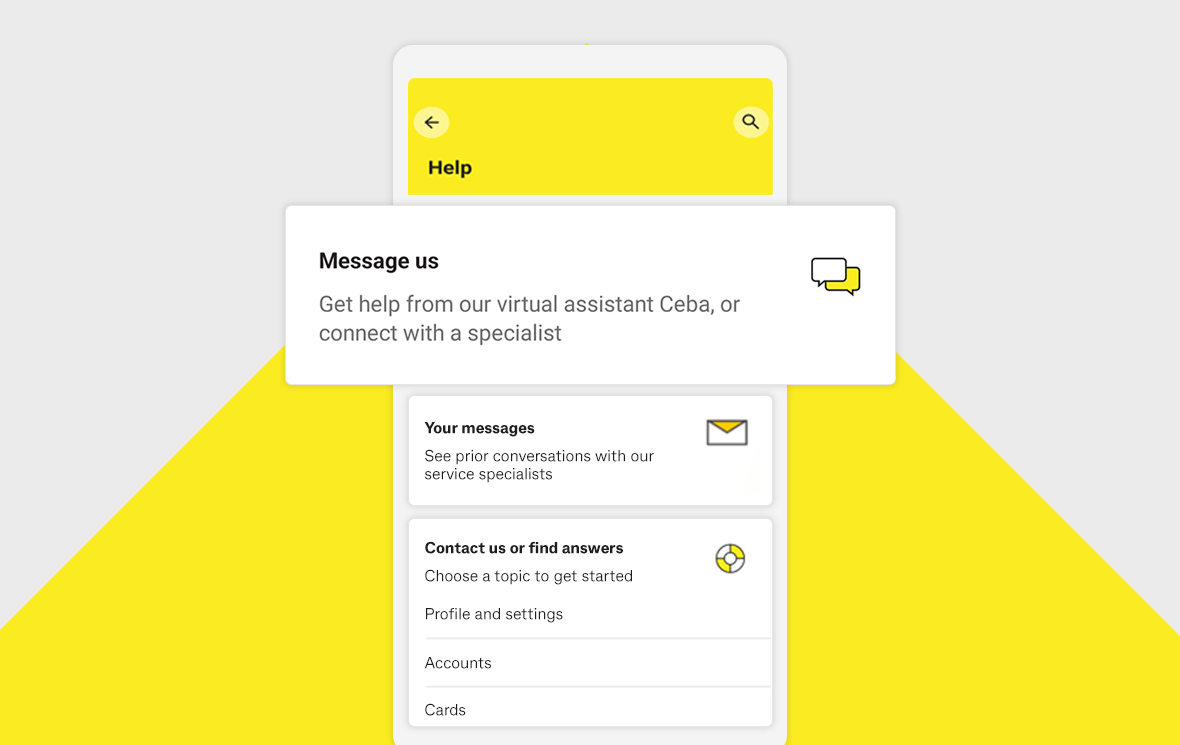 CommBank app Help screen: "Message us. Get help from our virtual assistant Ceba, or connect with a specialist"
