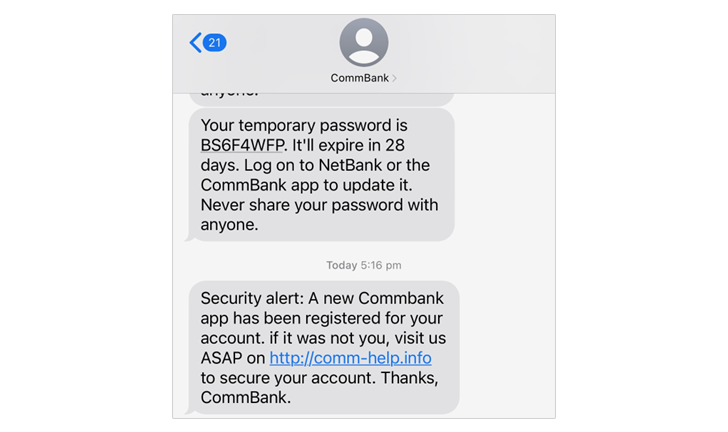 Scam text message examples: "Your temporary password is..." and "Security Alert: A new CommBank app has been registered..."