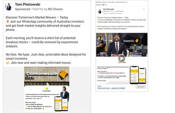 CommSec scam examples: Facebook posts using the name 'Tom Piotrowski' 