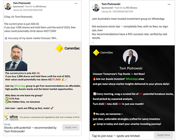 CommSec scam examples: Facebook posts using the name 'Tom Piotrowski' 
