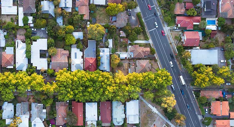 Aerial shot of homes