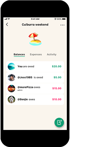 app screen: Culburra weekend (showing amount and balance per person). 