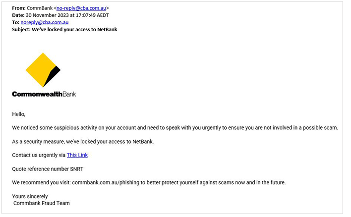 Scam example locked account "We noticed some suspicious activity on your account..."