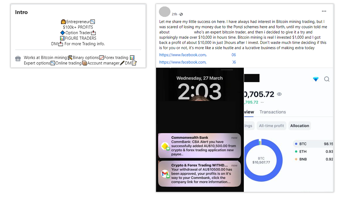 Example of Facebook scam: 'bitcoin entrepreneur": "Crypto & Forex Trading"