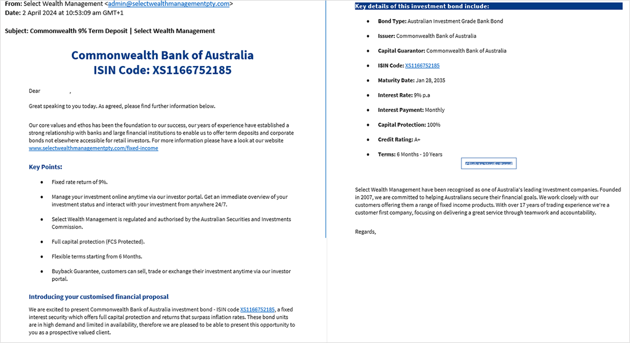 Investment scam: term deposit - Select Wealth Management