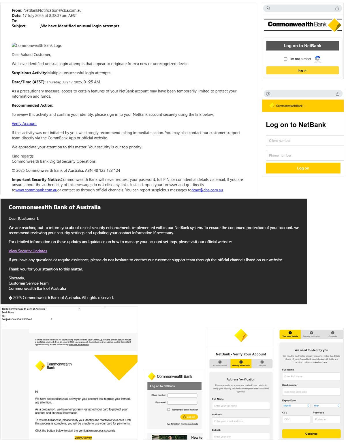 Scam examples: "We have identified unusual login attempts", "recent security enhancements"