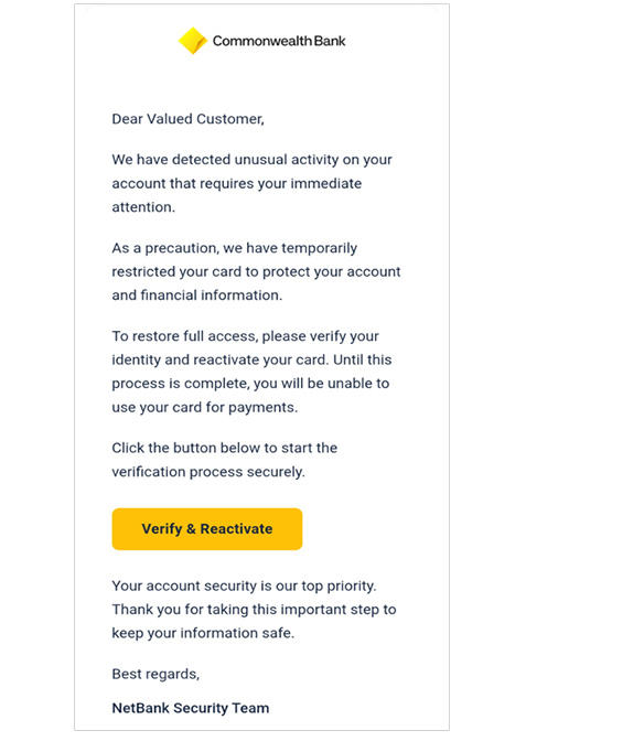 Scam example: "We have detected unusual activity on your account..."