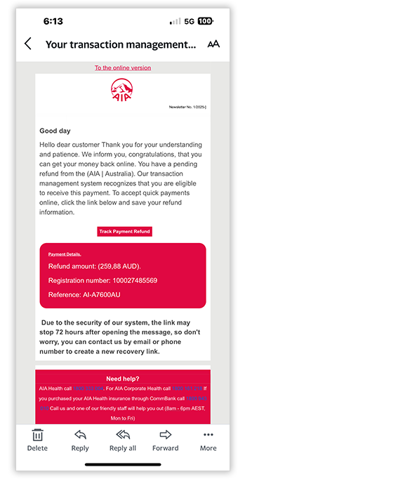 Scam example AIA "Your transaction management..."