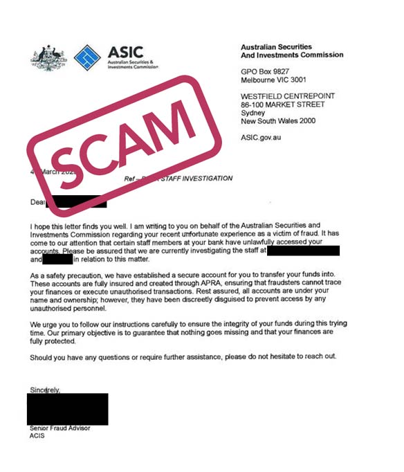 Scam example ASIC impersonation
